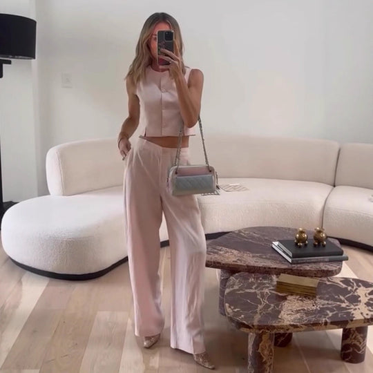 Damen Hochtaillierte weite Sommerhose mit Bügelfalte und Eingrifftaschen Nord Taschen