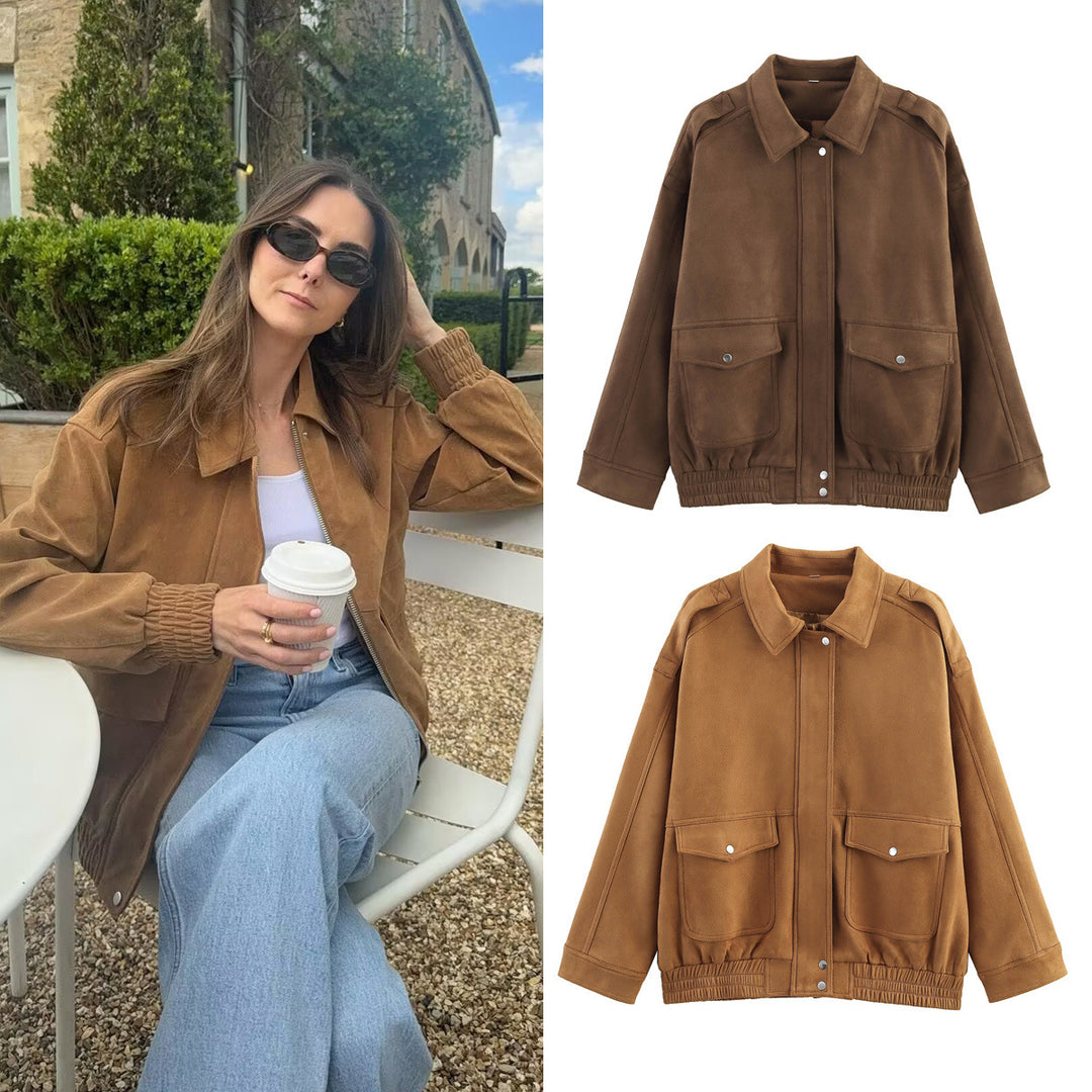 Damen Oversize Velours-Optik Jacke mit Pattentaschen, Druckknopffront und elastischem Saum Nord Taschen