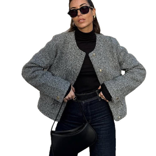 Damen Boxy Wollmix-Boucléjacke im Cabanstil mit Rundhalsausschnitt & goldfarbenen Zierknöpfen Nord Taschen