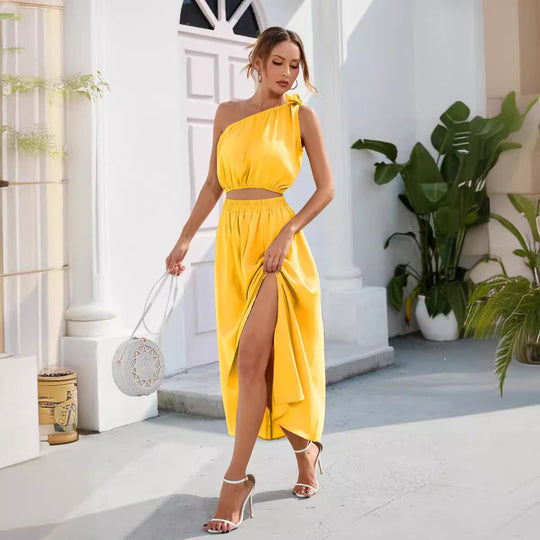 Damen Abendkleid mit schulterfreiem Design und hohem Schlitz Nord Taschen