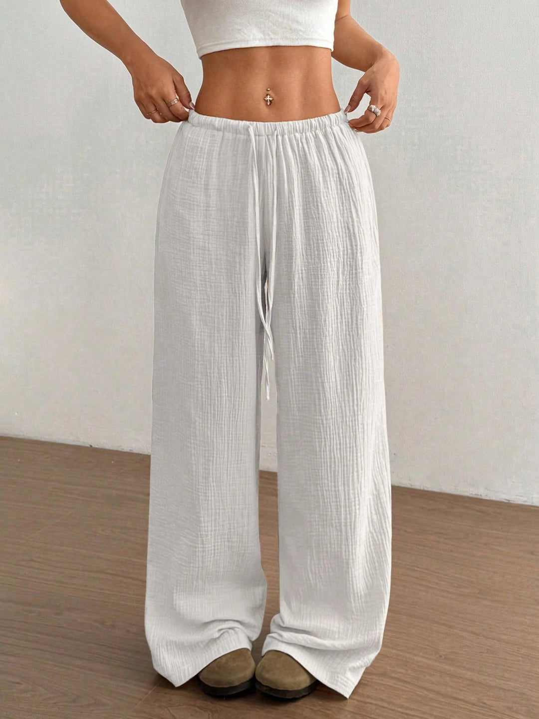 Damen Leichte Leinenoptik-Hose mit weitem Bein, Gummibund und Tunnelzug Nord Taschen