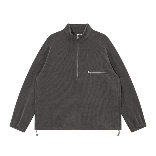 Unisex Oversize Halbzip-Pullover aus Cord‑Mix mit Brust-Reißverschlusstasche und Kordelzugsaum Nord Taschen