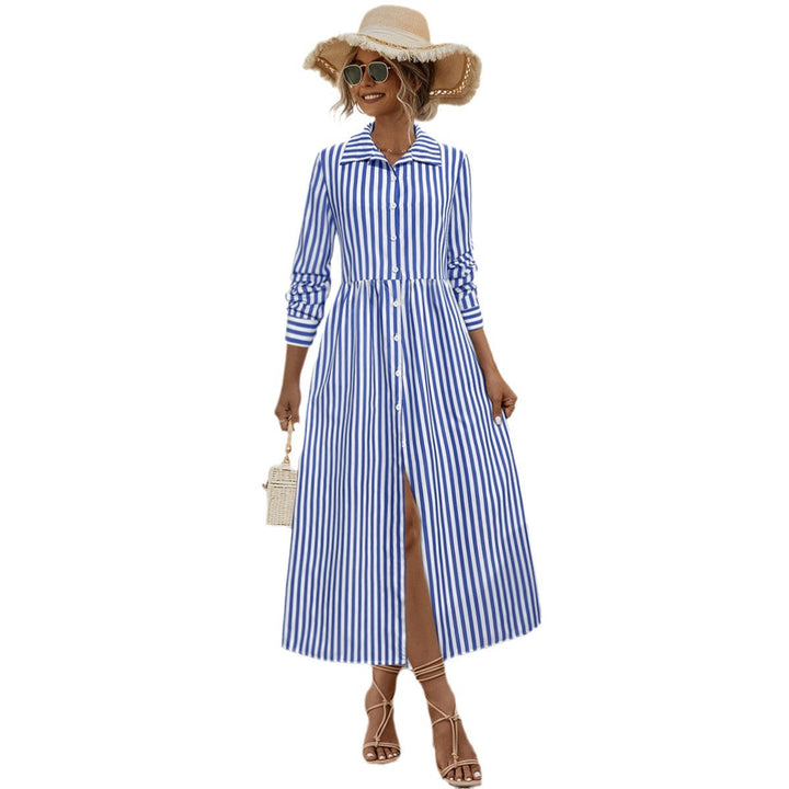 Damen Hemdblusenkleid mit vertikalem Streifenmuster und eleganter Knopfleiste