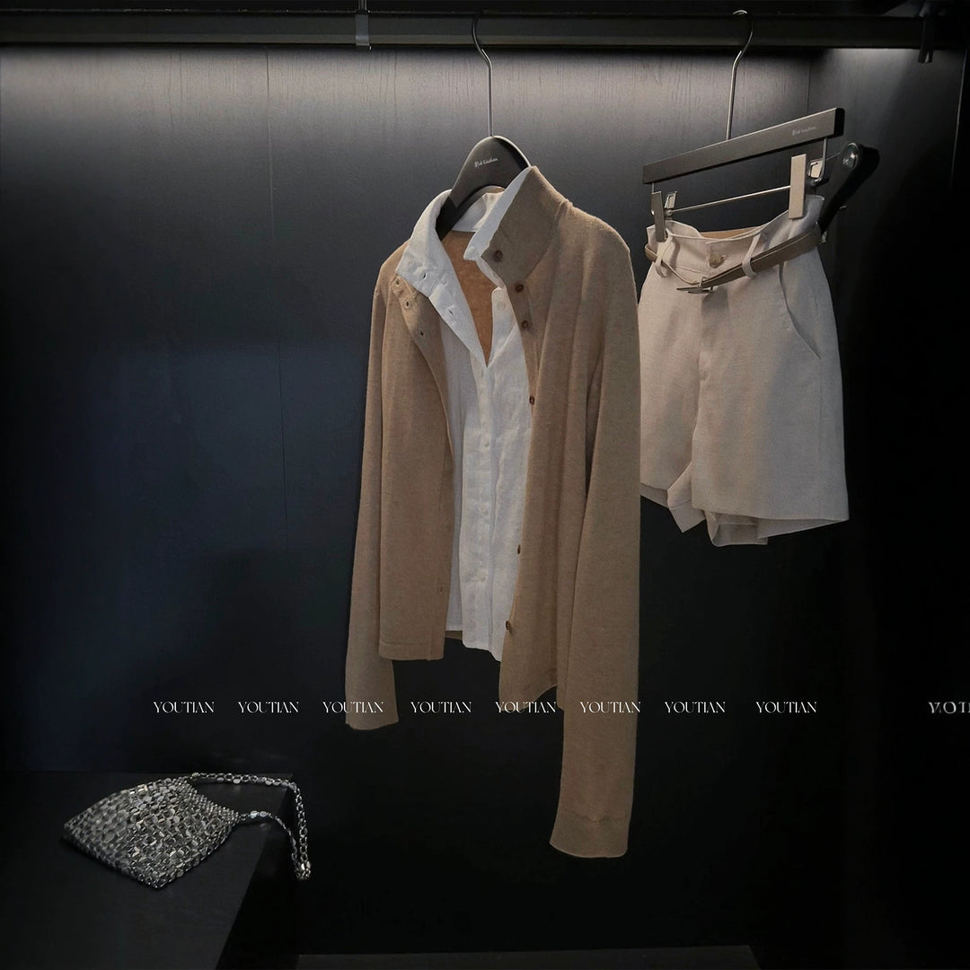Damen Langer Feiner Strickcardigan mit Stehkragen und Knopfleiste Nord Taschen