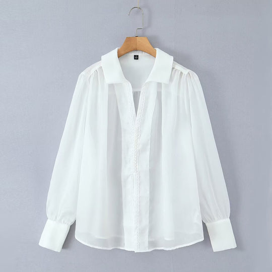 Damen Transparente Chiffon-Bluse mit Volumenärmeln, Spitzenbesatz und breiten Manschetten Nord Taschen