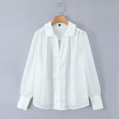 Damen Transparente Chiffon-Bluse mit Volumenärmeln, Spitzenbesatz und breiten Manschetten Nord Taschen
