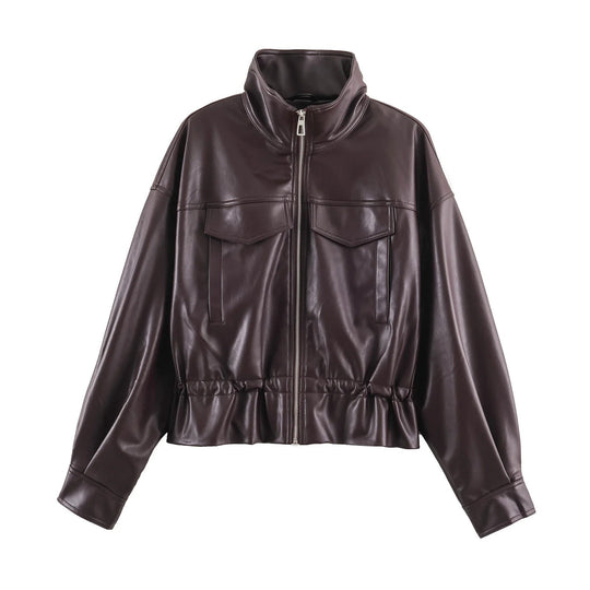 Damen Oversize Blousonjacke aus veganem Leder mit hohem Stehkragen und Kordelzugtaillierung Nord Taschen