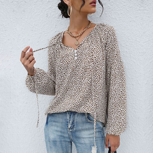 Damen Legere Tunika-Bluse mit feinem Leopardenprint, Knopfleiste und Ballonärmeln Nord Taschen