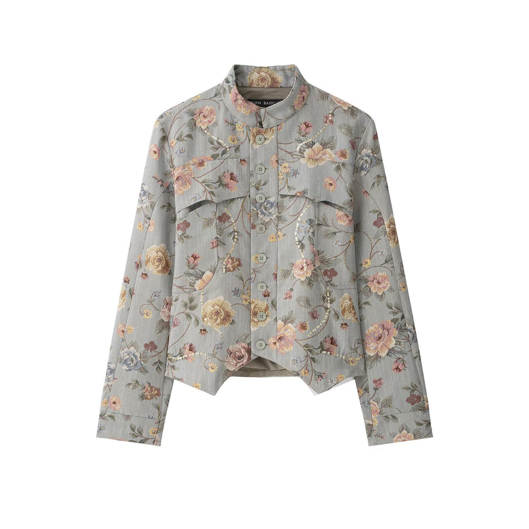 Damen Kurzjacke im Jacquard‑Blütenmuster mit Stehkragen und Zierknopfleiste Nord Taschen