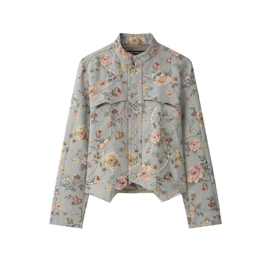 Damen Kurzjacke im Jacquard‑Blütenmuster mit Stehkragen und Zierknopfleiste Nord Taschen