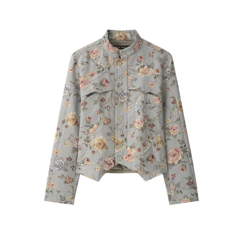 Damen Kurzjacke im Jacquard‑Blütenmuster mit Stehkragen und Zierknopfleiste Nord Taschen