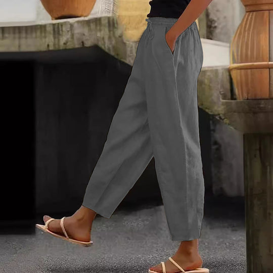 Damen Leinen-Mischung Cropped-Hose mit elastischem Bund, Kordelzug und Seitentaschen Nord Taschen