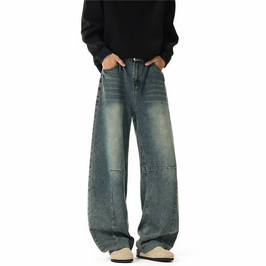 Herren Weit geschnittene Baggy-Jeans mit hoher Bundhöhe, Knie‑Abnähern und Used‑Waschung Nord Taschen