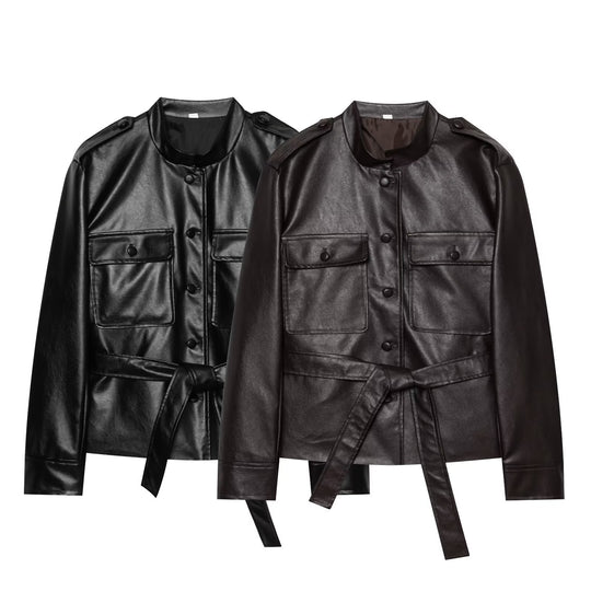 Damen Taillierter Kunstleder‑Blousonjacke mit Bindegürtel, Pattentaschen und Stehkragen Nord Taschen