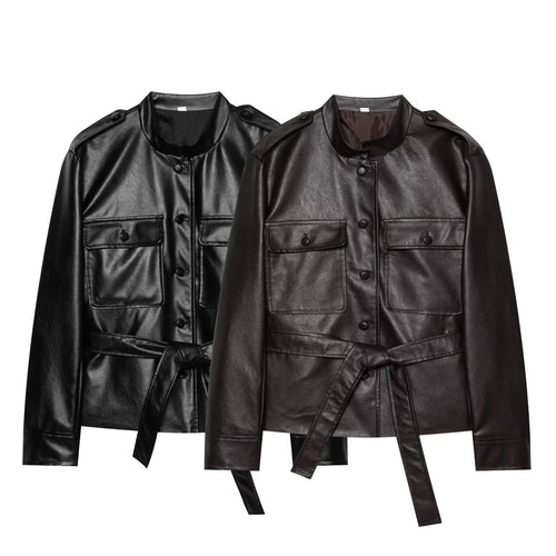 Damen Taillierter Kunstleder‑Blousonjacke mit Bindegürtel, Pattentaschen und Stehkragen Nord Taschen