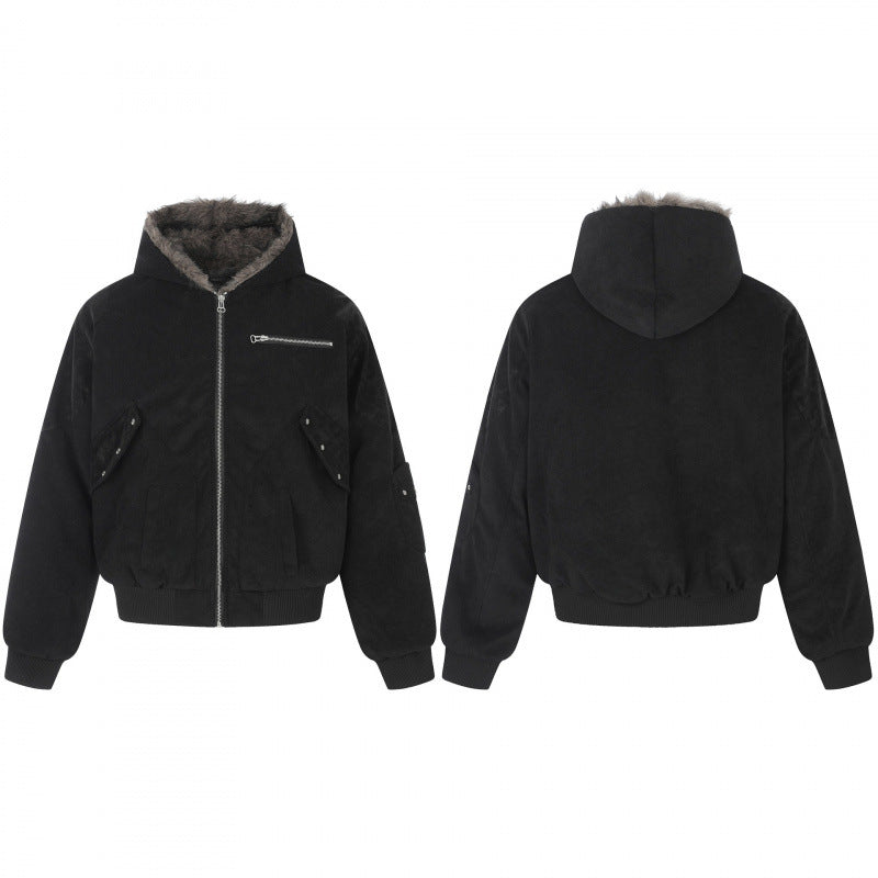 Unisex Oversize-gefütterte Kapuzen-Blousonjacke aus Velourslederimitat mit Teddyfutter Nord Taschen