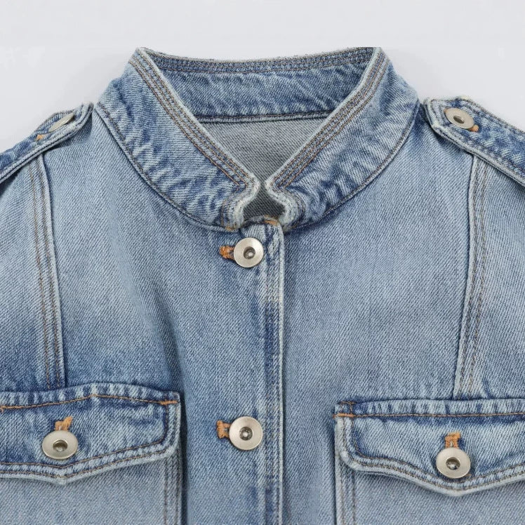 Damen Jeansjacke im Utility-Look mit Stehkragen, Pattentaschen und Schulterpatten Nord Taschen
