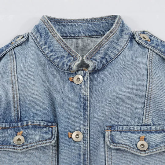 Damen Jeansjacke im Utility-Look mit Stehkragen, Pattentaschen und Schulterpatten Nord Taschen