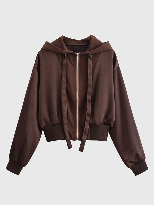 Damen Cropped Kapuzenjacke mit Reißverschluss, übergroßen Ärmeln und breitem Rippbund Nord Taschen