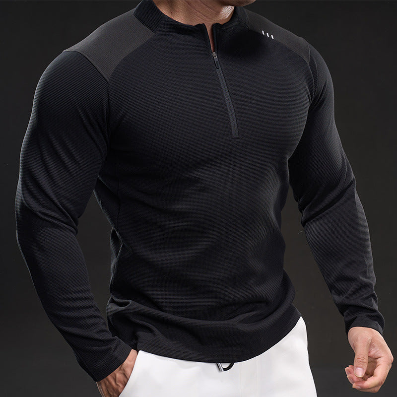 Herren Slim-Fit Sportliches Langarm-Trainingsshirt mit Halb-Reißverschluss und Strukturgewebe Nord Taschen
