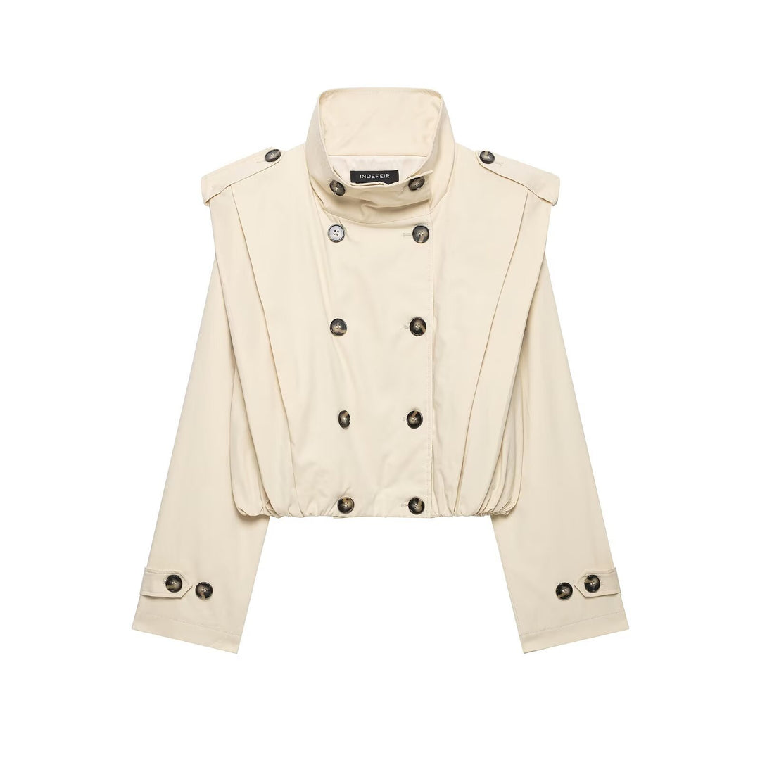 Damen Cropped Trenchjacke im Cape-Look mit doppelreihiger Knopfleiste und hohem Stehkragen Nord Taschen