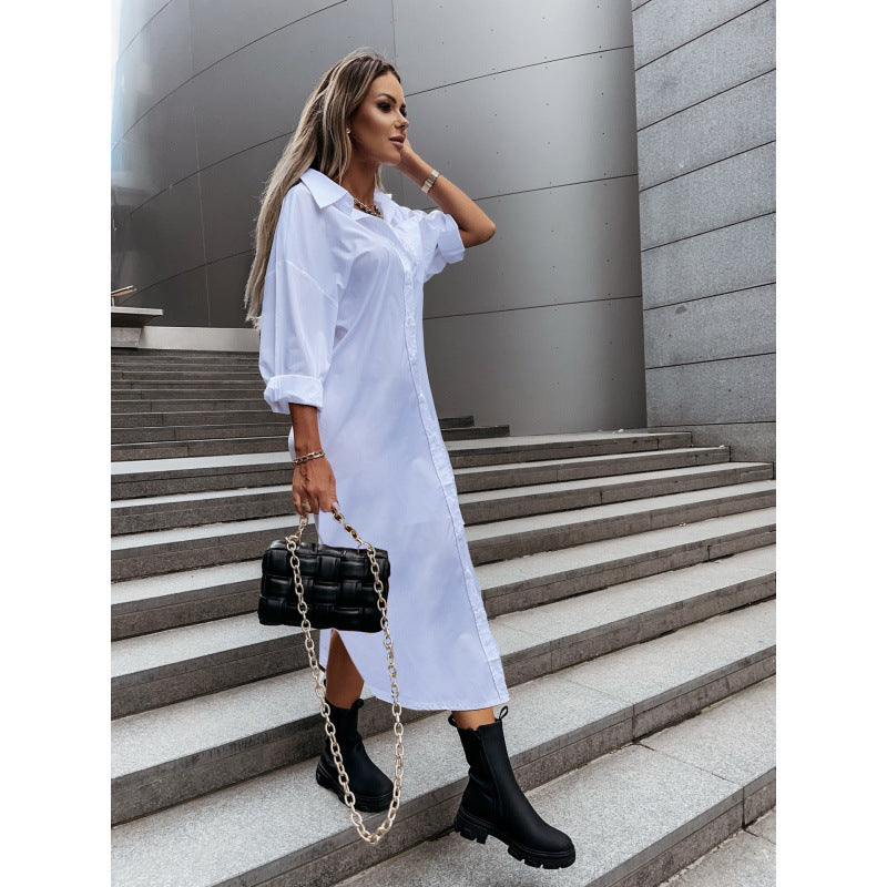 Damen Langes Oversize-Hemdblusenkleid mit durchgehender Knopfleiste, umgeschlagenen Ärmeln und tiefem Seitenschlitz Nord Taschen