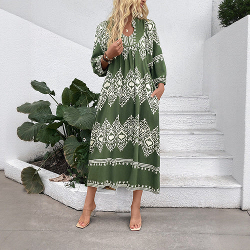Damen Langes Boho‑Maxikleid mit lockerer A‑Linie, U‑Ausschnitt und aufgesetzten Taschen Nord Taschen