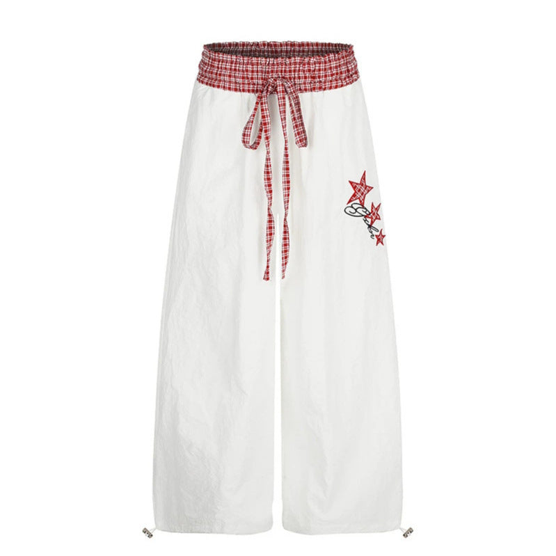 Damen Palazzo-Loungehose mit hohem Kordelzugbund, kariertem Komfortbund und Stern-Applikation Nord Taschen