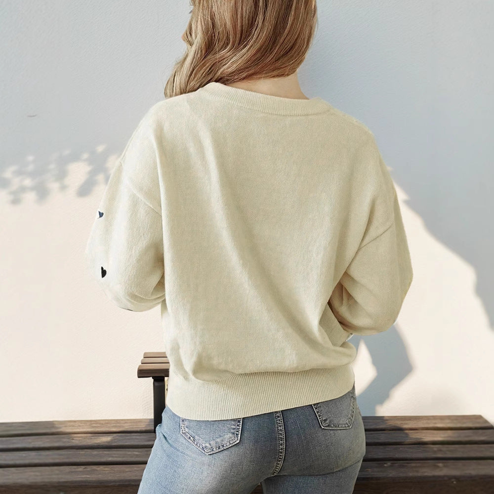 Damen Lockerer Feinstrickpullover mit Herzchen-Allover, Rundhalsausschnitt und elastischem Saum Nord Taschen