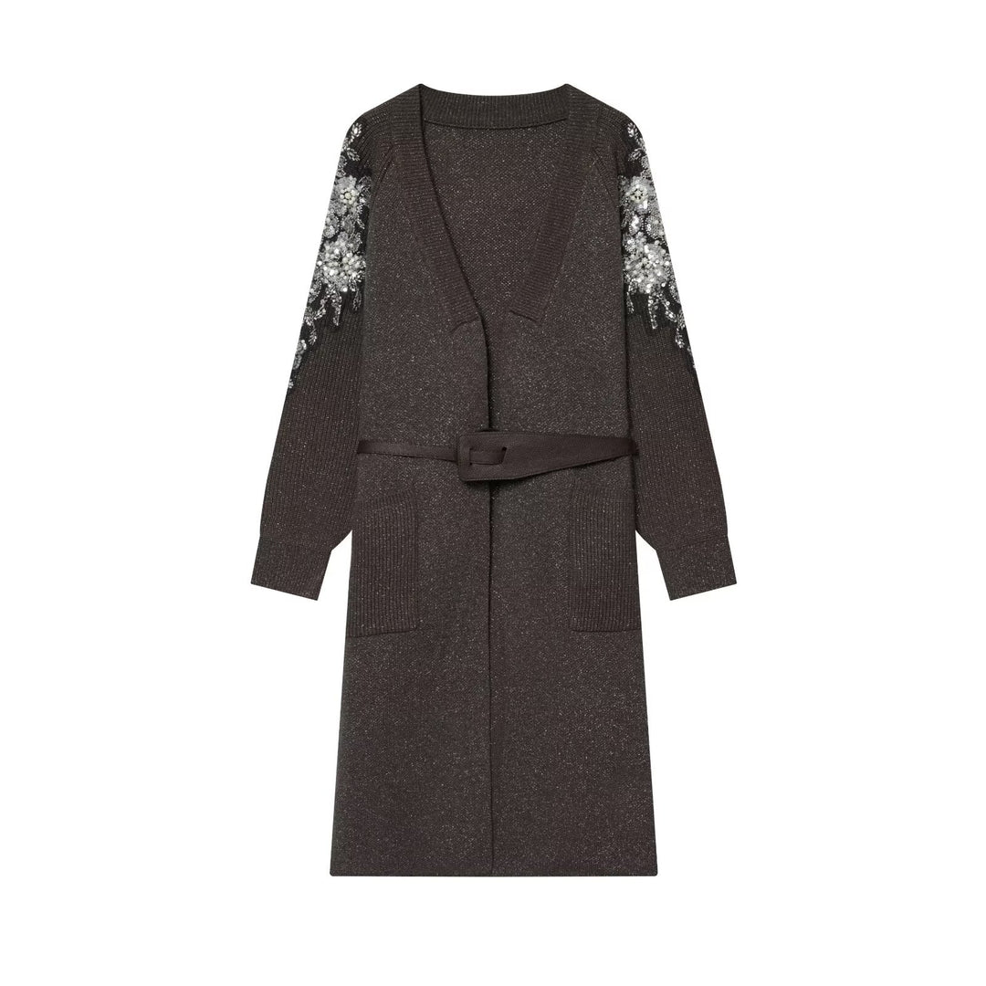 Damen Lange Strickmantel-Cardigan mit Taillengürtel und Paillettenbesatz Nord Taschen