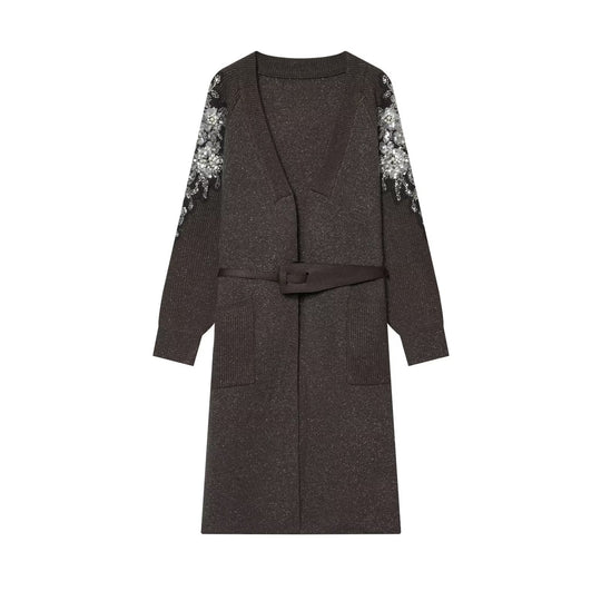 Damen Lange Strickmantel-Cardigan mit Taillengürtel und Paillettenbesatz Nord Taschen
