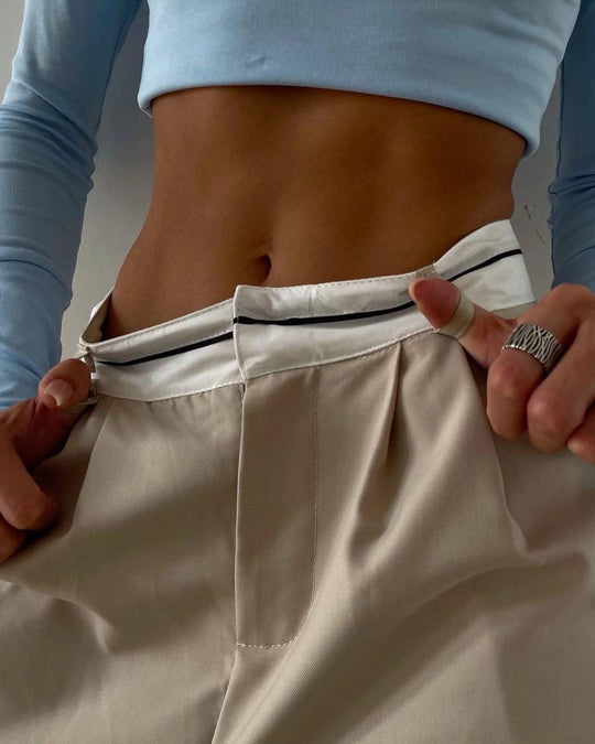 Damen Hochtaillierte weite Bundfaltenhose mit Kontrastbund Nord Taschen