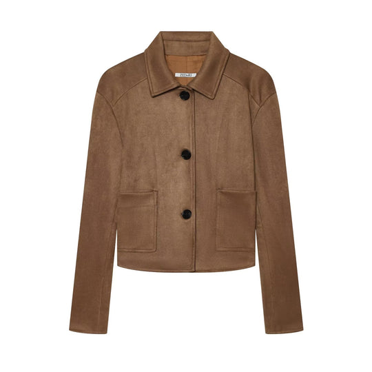 Damen Kurz geschnittener Velourslederblouson mit Hemdkragen und aufgesetzten Pattentaschen Nord Taschen