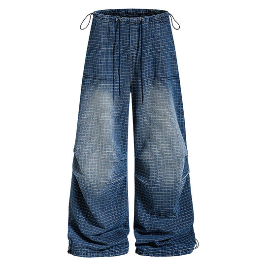 Damen Weite High‑Waist Culotte-Jeans mit Kordelzug, Karomuster und verstellbarem Saum Nord Taschen