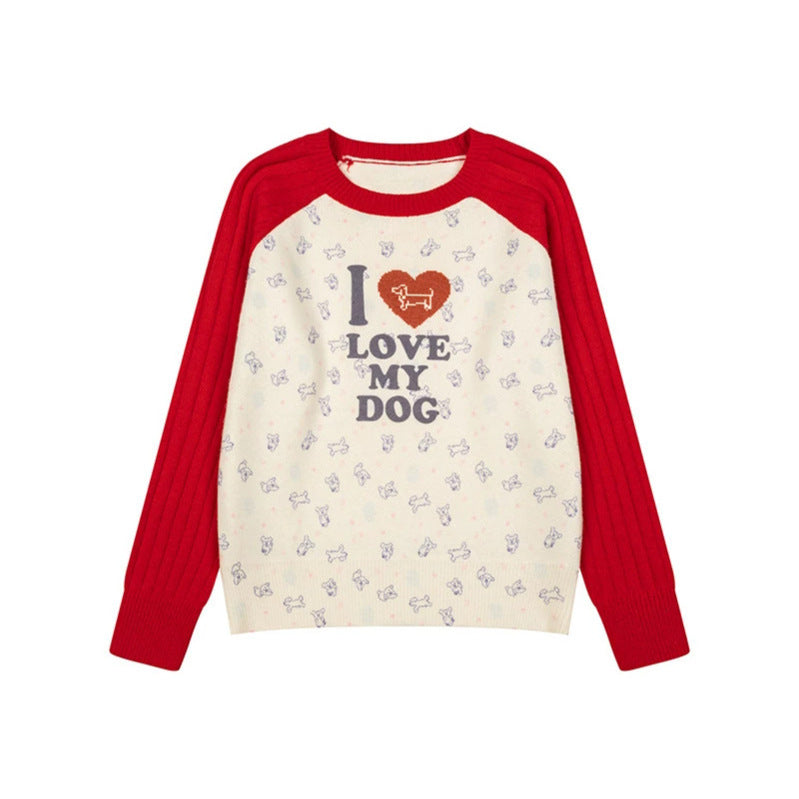 Damen Gestrickter Raglanpullover mit Herz‑Hundemotiv, Rippärmeln und Allover-Print Nord Taschen