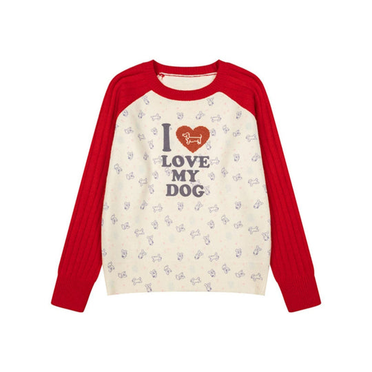 Damen Gestrickter Raglanpullover mit Herz‑Hundemotiv, Rippärmeln und Allover-Print Nord Taschen
