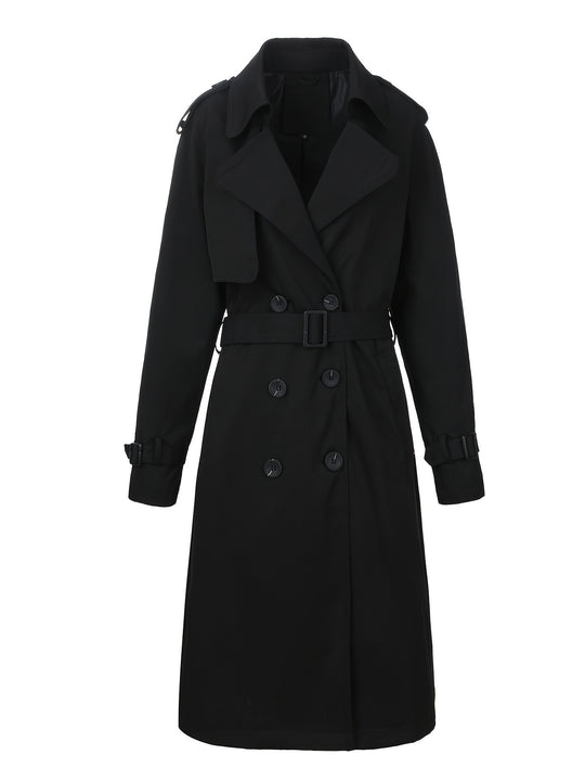 Damen Langer Doppelreihiger Trenchcoat mit Taillengürtel und Epauletten Nord Taschen