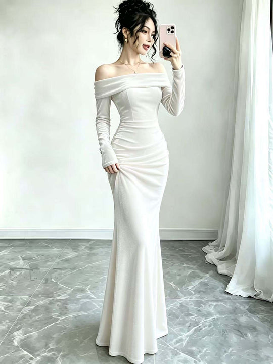 Damen Langes Samtabendkleid mit Carmenausschnitt und tiefem Rückenausschnitt Nord Taschen