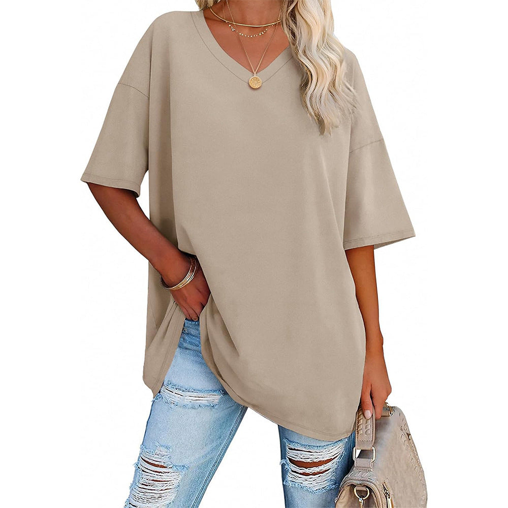 Damen Oversized T-Shirt mit V-Ausschnitt und seitlichen Schlitzen