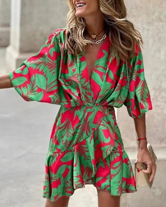 Damen Wickelmini-Kleid mit voluminösen Ärmeln und modischem Animal-Print