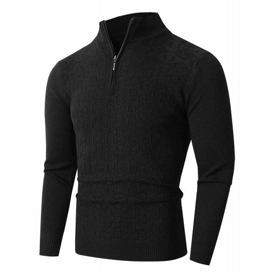 Herren Schmal geschnittener Feinstrick-Halbzippullover mit Stehkragen und geometrischem Relief Nord Taschen