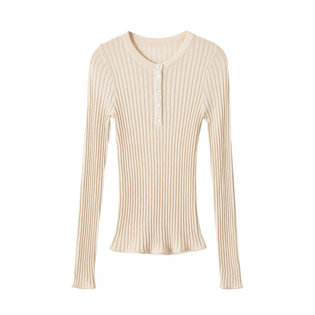 Damen Feinstrick-Longsleeve mit Rippstruktur und Knopfleiste Nord Taschen