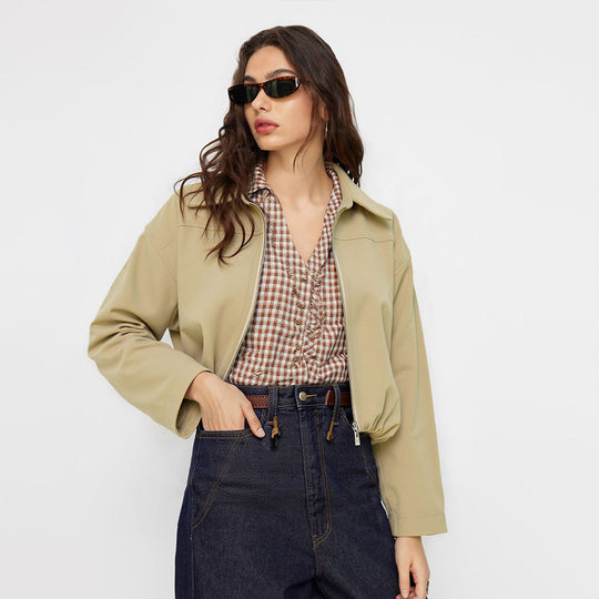 Damen kurze Oversize-Bomberjacke mit Reißverschluss, leichtem Kragen und elastischem Saum Nord Taschen