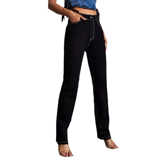 Damen High‑Waist gerade geschnittene Jeans mit Kontrastnähten Nord Taschen