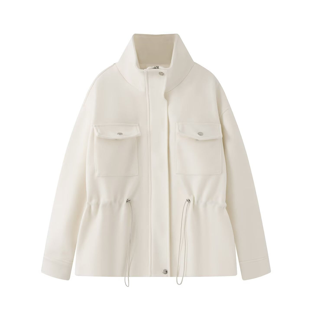Damen Wollmix-Fieldjacke mit Stehkragen, aufgesetzten Brusttaschen und Kordelzug-Taille Nord Taschen