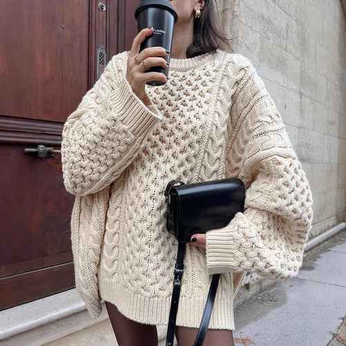 Damen Oversized Grobstrickpullover mit Zopfmuster und weiten Ballonärmeln Nord Taschen