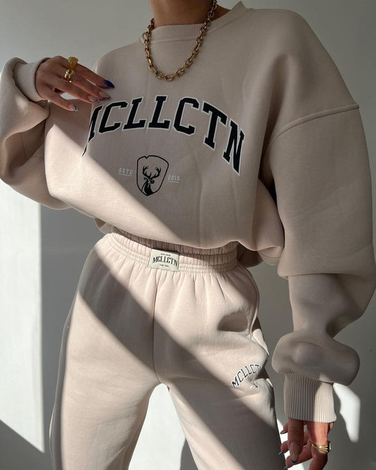 Damen Oversized College-Sweatshirt und High-Waist-Jogger-Set aus French-Terry Nord Taschen