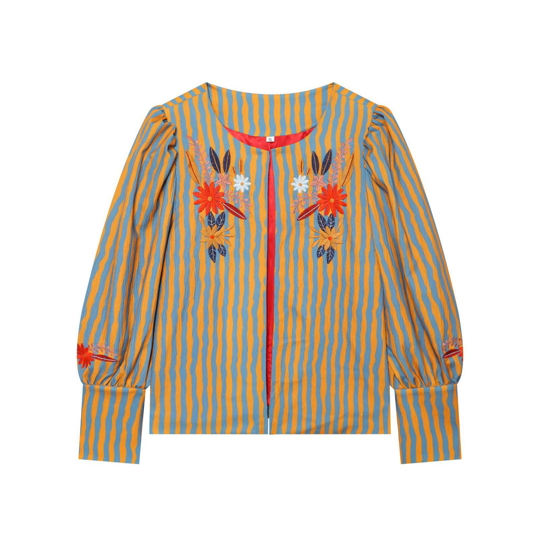 Damen Gestreifte Blusenjacke mit Blumenstickerei und Ballonärmeln Nord Taschen