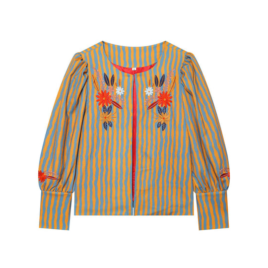 Damen Gestreifte Blusenjacke mit Blumenstickerei und Ballonärmeln Nord Taschen
