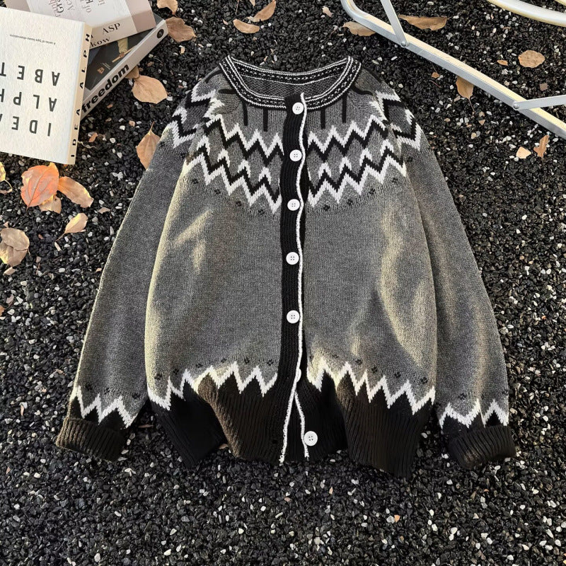 Damen Norweger-Cardigan im Oversize-Schnitt mit Rundhalsausschnitt und Kontrastknopfleiste Nord Taschen